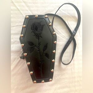 Black Coffin-Shaped Bag with Rose Embroidery NWOT